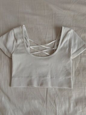 aerie White Ribbed Crisscross Short Sleeve Crop Top